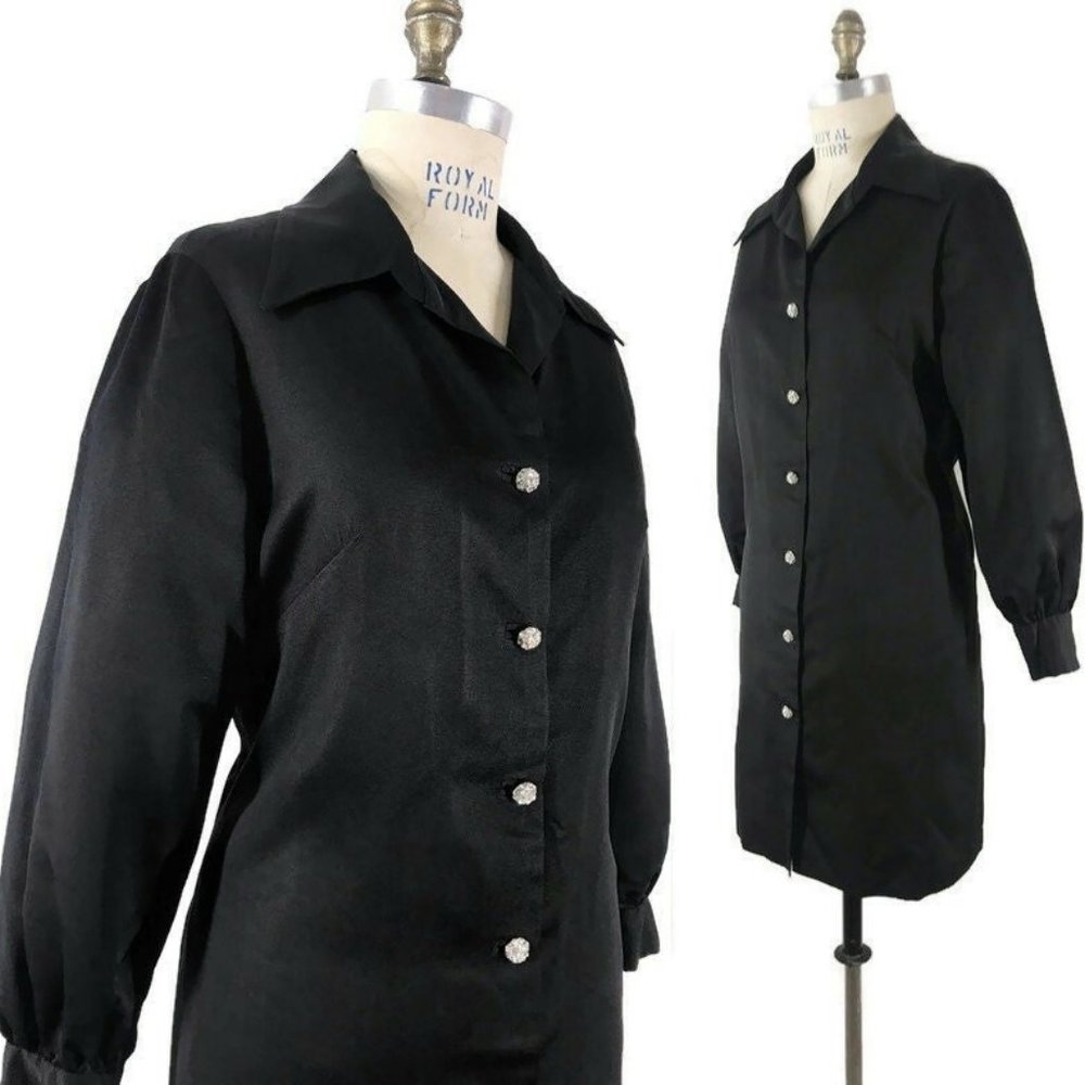Vintage 60s 70s Dress Black Silky Rayon Faille Rhinestone Buttons Cocktail Party